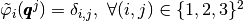 \tilde{\varphi}_i(\pmb{q}^j)=\delta_{i,j},\ \forall(i,j)\in\{1,2,3\}^2