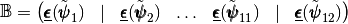 \mathbb{B}=\begin{pmatrix}
            \Odv(\tilde{\pmb{\psi}}_1)&| & \Odv(\tilde{\pmb{\psi}}_2)& \hdots &
            \Odv(\tilde{\pmb{\psi}}_{11})&| & \Odv(\tilde{\pmb{\psi}}_{12})
          \end{pmatrix}