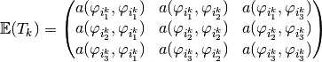 \MAT{E}(T_k)=\begin{pmatrix}
   a(\varphi_{i_1^k},\varphi_{i_1^k}) & a(\varphi_{i_1^k},\varphi_{i_2^k}) & a(\varphi_{i_1^k},\varphi_{i_3^k})\\
   a(\varphi_{i_2^k},\varphi_{i_1^k}) & a(\varphi_{i_2^k},\varphi_{i_2^k}) & a(\varphi_{i_2^k},\varphi_{i_3^k})\\
   a(\varphi_{i_3^k},\varphi_{i_1^k}) & a(\varphi_{i_3^k},\varphi_{i_2^k}) & a(\varphi_{i_3^k},\varphi_{i_3^k})
\end{pmatrix}